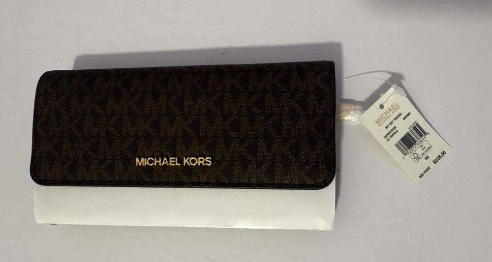 Michael Kors Jet Set Travel Large Trifold Wallet Brown Signature Logo